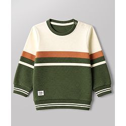 Babyhug 100% Cotton Ottoman Knit Heavy Gauge Sweatshirt with Full Sleeves and Striped Coler Block with Fun Time Patch - Green