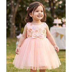 Babyhug Mesh Woven Sleeveless Butterfly & Floral Sequinned Party Frock With Bow Applique - Pink