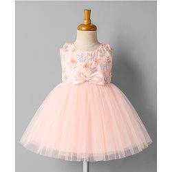 Babyhug Mesh Woven Sleeveless Butterfly & Floral Sequinned Party Frock With Bow Applique - Pink