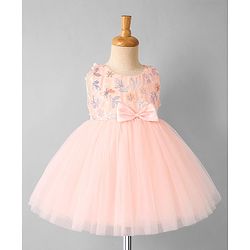 Babyhug Mesh Woven Sleeveless Butterfly & Floral Sequinned Party Frock With Bow Applique - Pink