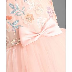 Babyhug Mesh Woven Sleeveless Butterfly & Floral Sequinned Party Frock With Bow Applique - Pink