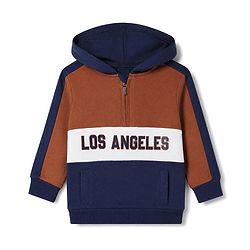 Babyhug 100% Cotton Knit Full Sleeves Front Open Heavy Gauge Hooded Sweatshirt with Los Angeles Print - Navy Blue & Brown