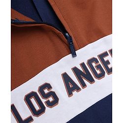 Babyhug 100% Cotton Knit Full Sleeves Front Open Heavy Gauge Hooded Sweatshirt with Los Angeles Print - Navy Blue & Brown
