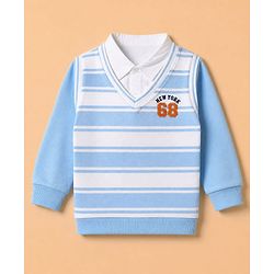Babyhug 100% Cotton Knit Sweatshirt with Full Sleeves, Stripes Print and New York 68 Print - Blue