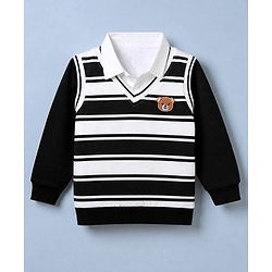 Babyhug Premium 100% Cotton Knit Sweatshirt with Full Sleeves, Bear Patch and Striped Print in Black