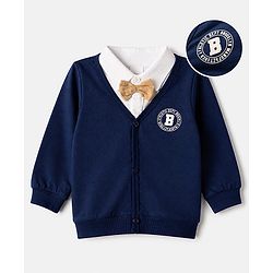 Babyhug 100% Cotton Knit Full Sleeves Heavy Gauge Sweatshirt With Bow Tie And B Athletic Dept Brooklyn Manufactured Print - Navy Blue