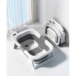Babyhug Foldable Baby Bathtub | Compact Double Fold| Anti-Skid Base| Temperature Indicator| Suitable for 0 to 36 Months Boys & Girls| Drainage Plug - Grey