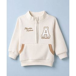 Babyhug Cotton Fleece Heavy Gauge Warm Front - Open Sweatshirt With Full Sleeves and Alphabet Embroidery in Offwhite