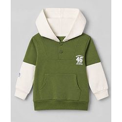 Babyhug 100% Cotton Knit Heavy Gauge Front Open Full Doctor Sleeves Hooded Sweatshirt with Brooklyn 46 Ready For A New Day Print - Olive Green