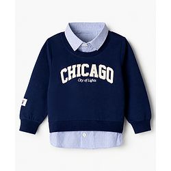 Babyhug 100% Cotton Knit Full Sleeves Heavy Gauge Sweatshirt With Chicago Print - Navy Blue