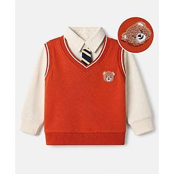 Babyhug 100% Cotton Knit Full Sleeves Heavy Gauge Sweatshirt With Tie & Bear Applique - Orange