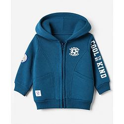 Babyhug Cotton Blend Fleece Knit Front Open Heavy Gauge Hooded Sweatshirt with Full Sleeves and Campus League Print - Blue