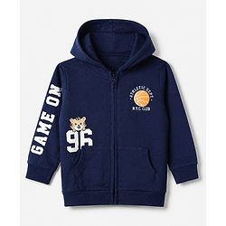 Babyhug 100% Cotton Knit Front Open Heavy Gauge Full Sleeves Hooded Sweat Jacket With Text Print - Navy Blue
