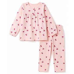 Babyhug Cotton Knit Full Sleeves Top & Pyjama Co-ords Night Suit With Strawberry Print - Pink