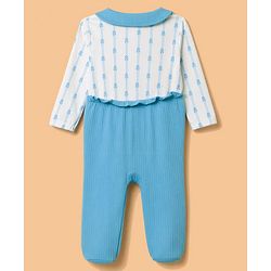 Babyhug 100% Cotton Knit Full Sleeves Floral Printed Sleepsuit With Bow Applique - Light Blue