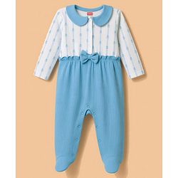 Babyhug 100% Cotton Knit Full Sleeves Floral Printed Sleepsuit With Bow Applique - Light Blue