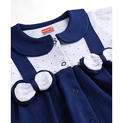Babyhug 100% Cotton Knit Full Sleeves Footed Sleep Suit with Polka Dot Print & Bow Applique - Navy