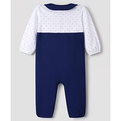 Babyhug 100% Cotton Knit Full Sleeves Footed Sleep Suit with Polka Dot Print & Bow Applique - Navy
