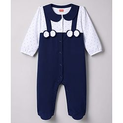 Babyhug 100% Cotton Knit Full Sleeves Footed Sleep Suit with Polka Dot Print & Bow Applique - Navy