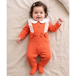 Babyhug Cotton Knit Full Sleeves Footed Sleepsuit with Bow & Peter Pan Collar - Coral