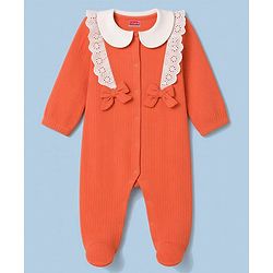Babyhug Cotton Knit Full Sleeves Footed Sleepsuit with Bow & Peter Pan Collar - Coral