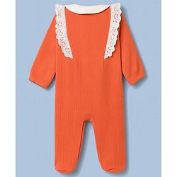Babyhug Cotton Knit Full Sleeves Footed Sleepsuit with Bow & Peter Pan Collar - Coral