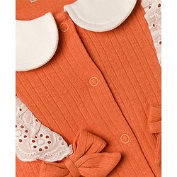 Babyhug Cotton Knit Full Sleeves Footed Sleepsuit with Bow & Peter Pan Collar - Coral