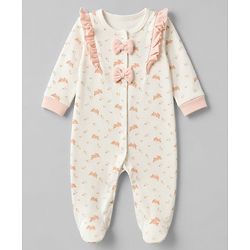Babyhug 100% Cotton Knit Full Sleeves Footed Sleep Suit with Bunny Print & Bow Applique - Cream