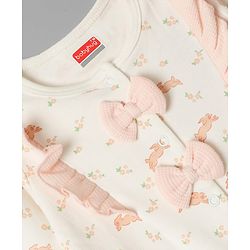 Babyhug 100% Cotton Knit Full Sleeves Footed Sleep Suit with Bunny Print & Bow Applique - Cream