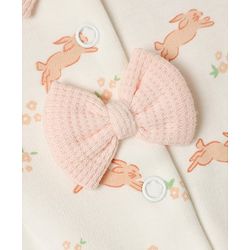 Babyhug 100% Cotton Knit Full Sleeves Footed Sleep Suit with Bunny Print & Bow Applique - Cream