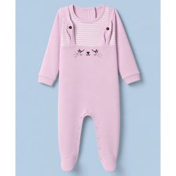 Babyhug 100% Cotton Knit Full Sleeves Sleep Suit With Cat Face Embroidery - Pink
