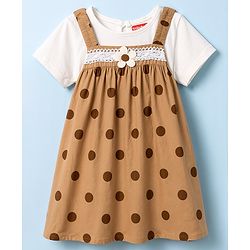 Babyhug Poplin Woven Half Sleeves Polka Dots Printed & Floral Applique Frock With Inner Tee & Lace Detailing  - Brown