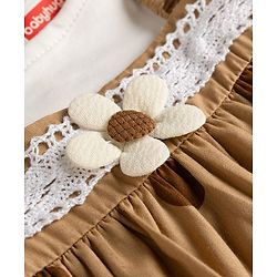 Babyhug Poplin Woven Half Sleeves Polka Dots Printed & Floral Applique Frock With Inner Tee & Lace Detailing  - Brown