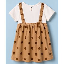 Babyhug Poplin Woven Half Sleeves Polka Dots Printed & Floral Applique Frock With Inner Tee & Lace Detailing  - Brown