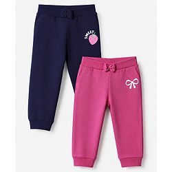 Babyhug Cotton Single Jersey Knit Joggers with Strawberry Print Pack of 2 - Navy Blue & Pink