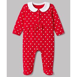 Babyhug 100% Cotton Knit Full Sleeves Sleep Suit with Polka Dots Print & Bow Applique - Red