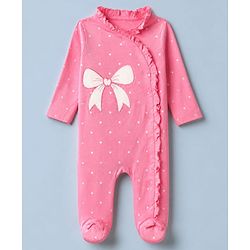 Babyhug Cotton Knit Full Sleeves Sleep Suit Night Wear with Frill Details, Bow Patch & Polka Dots Print - Pink