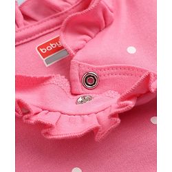Babyhug Cotton Knit Full Sleeves Sleep Suit Night Wear with Frill Details, Bow Patch & Polka Dots Print - Pink