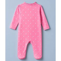 Babyhug Cotton Knit Full Sleeves Sleep Suit Night Wear with Frill Details, Bow Patch & Polka Dots Print - Pink