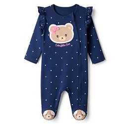 Babyhug Cotton Knit Full Sleeves Sleep Suit with Bear & Polka Dots Print - Navy Blue