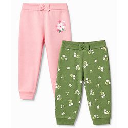 Babyhug 100% Cotton Single Jersey Knit Full Length Track Pant with Flowers Print in Pink & Green Pack of 2