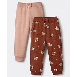 Babyhug Cotton Knit Jogger Fit Full Length Lounge Pants With Floral Print Pack of 2 - Brown Pink