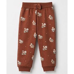 Babyhug Cotton Knit Jogger Fit Full Length Lounge Pants With Floral Print Pack of 2 - Brown Pink