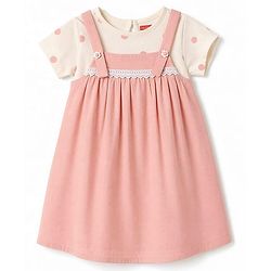 Babyhug Poplin Woven Half Sleeves Frock with Inner Tee Polka Dot Print - Pink
