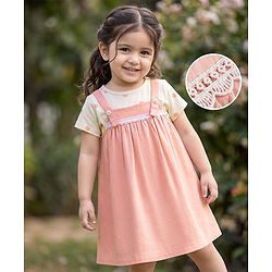 Babyhug Poplin Woven Half Sleeves Frock with Inner Tee Polka Dot Print - Pink