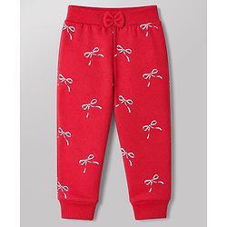 Babyhug Cotton Knit Full Length Jogger Fit Lounge Pants with Bows Print Pack of 3 in Red Black Pink