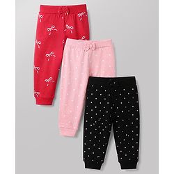 Babyhug Cotton Knit Full Length Jogger Fit Lounge Pants with Bows Print Pack of 3 in Red Black Pink