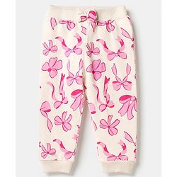 Babyhug Cotton Knit Jogger Fit Full Length Lounge Pant with Bow Print Pack of 3 - Blue Pink Light Pink
