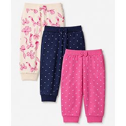 Babyhug Cotton Knit Jogger Fit Full Length Lounge Pant with Bow Print Pack of 3 - Blue Pink Light Pink