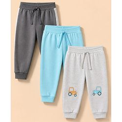 Babyhug Cotton Knit Full Length Jogger Fit Lounge Pant with Tractor Print Pack of 3 in Blue Grey